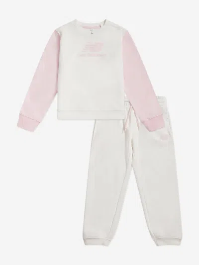 New Balance Baby Girls Colourblock Curved Hem Crew And Joggers Set In White