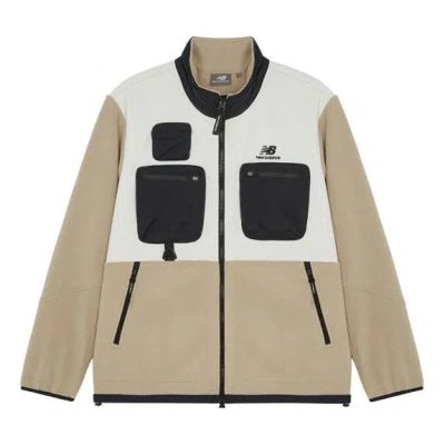 New Balance Colorblock Logo Sports Stand Collar Polar Fleece Jacket Khaki In Brown