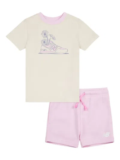 New Balance Kids' Floral-print Two-piece Set In Beige