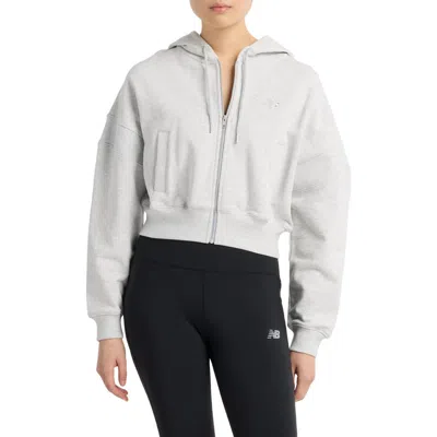 New Balance French Terry Crop Zip Hoodie In Gray
