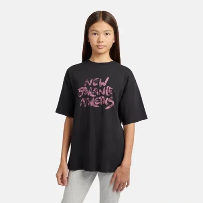 New Balance Girls Athletics Graffiti Graphic T-shirt In Black Cotton, Size 10-11 Y
