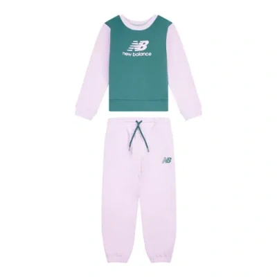 New Balance Kids' Girls Colourblock Crew & Jog Set In Green Cotton, Size 24 M