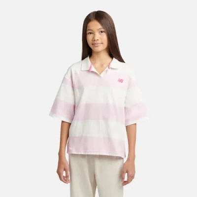 New Balance Girls Striped Rugby Polo In White Cotton, Size 12-13 Y