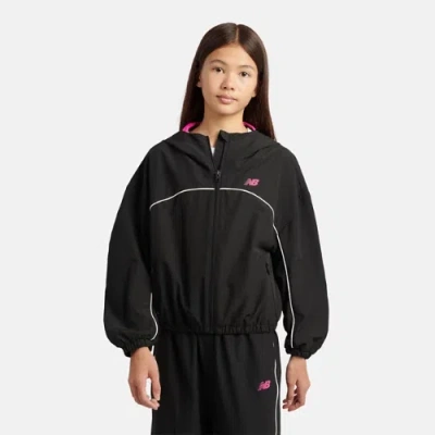 New Balance Girls Contrast Piping Track Jacket In Black Poly Knit, Size 10-11 Y