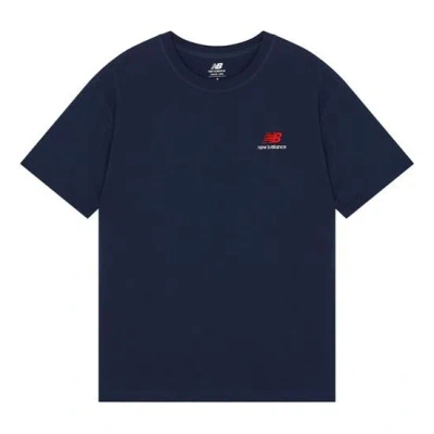 New Balance Logo Embroidered Knit Round Neck Short Sleeve Navy Blue T-shirt