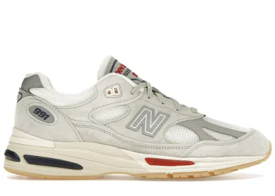 Pre-owned New Balance Men's  991v2 Miuk Vintage Sport Sneakers In Off White/blanc De Blanc/savvy Red