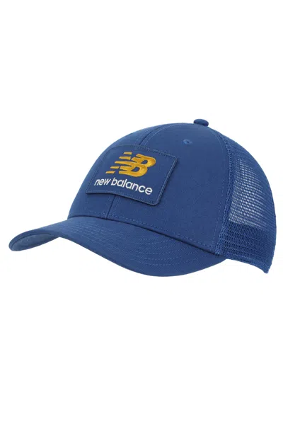 New Balance Men's Stacked Patch Logo Galaxy Blue Trucker Hat In S/n/b/t/b