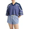 New Balance Oversize Crop Jersey Mesh V-neck T-shirt In Blue