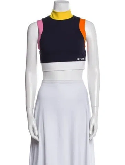Pre-owned New Balance X Staud Colorblock Pattern Mock Neck Crop Top In Blue