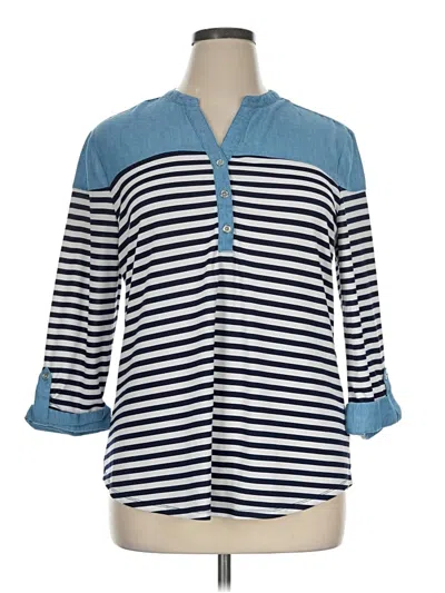 Pre-owned New Directions 3/4 Sleeve Top Blue Stripes Pattern Mock Neckline Tops