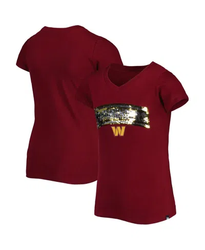 New Era Kids' Big Girls Burgundy Washington Commanders Reverse Sequin Wordmark V-neck T-shirt In Brown