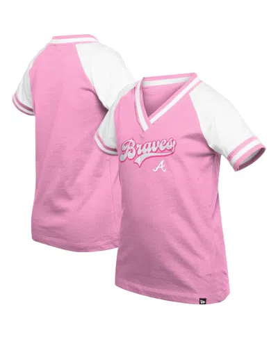 New Era Kids' Big Girls Pink Atlanta Braves Mommy Me Raglan V-neck T-shirt