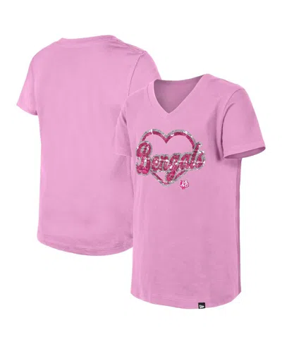 New Era Kids' Big Girls Pink Cincinnati Bengals Flip Sequins V-neck T-shirt
