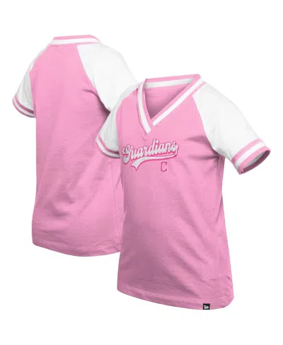 New Era Kids' Big Girls Pink Cleveland Guardians Mommy Me Raglan V-neck T-shirt
