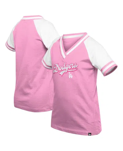 New Era Kids' Big Girls Pink Los Angeles Dodgers Mommy Me Raglan V-neck T-shirt