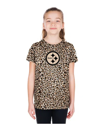New Era Kids' Big Girls Tan Pittsburgh Steelers Mom Me Leopard T-shirt In Brown