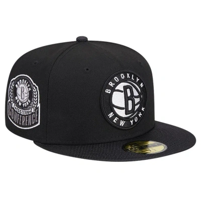 New Era Black Brooklyn Nets Active Satin Visor 59fifty Fitted Hat