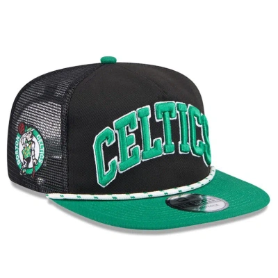 New Era Men's Black/kelly Green Boston Celtics Throwback Team Arch Golfer Snapback Hat In Black Kell