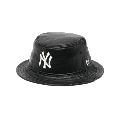 New Era Embroidered-logo Leather Bucket Hat In Black