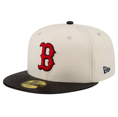 New Era Men's Cream Boston Red Sox Game Night Leather Visor 59fifty Fitted Hat In Cream,navy