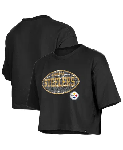 New Era Kids' Girl's Black Pittsburgh Steelers Flip Sequin Boxy T-shirt In Brown