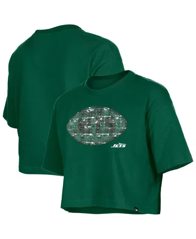 New Era Girl's Green New York Jets Flip Sequin Boxy T-shirt