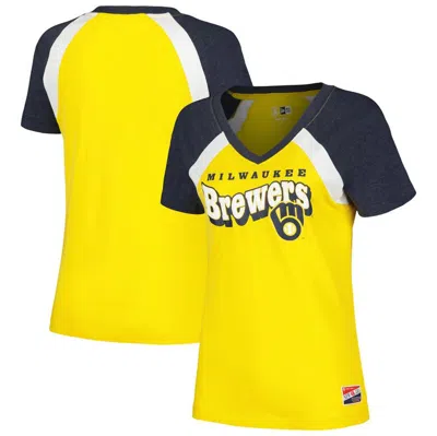 New Era Gold Milwaukee Brewers Heathered Raglan V-neck T-shirt