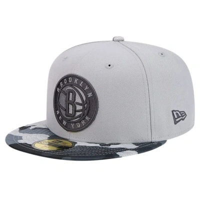 New Era Grey Brooklyn Nets Active Colour Camo Visor 59fifty Fitted Hat