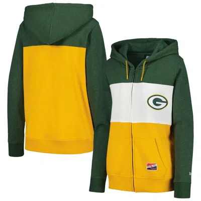 New Era Green Green Bay Packers Color-block Full-zip Hoodie