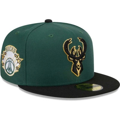 New Era Men's  Hunter Green, Black Milwaukee Bucks Gameday Gold Pop Stars 59fifty Fitted Hat In Hunter Green,black
