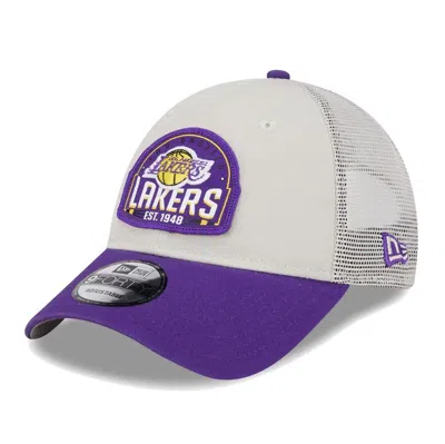 New Era Khaki/purple Los Angeles Lakers Throwback Patch Trucker 9forty Adjustable Hat In Multi