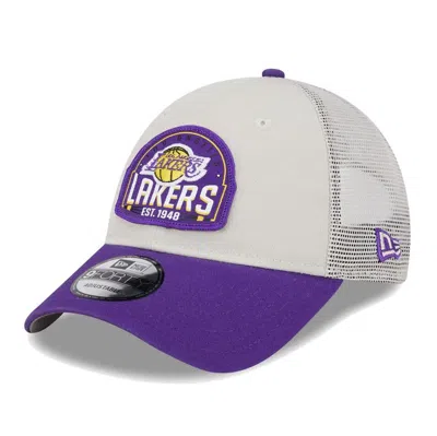New Era Men's Khaki/purple Los Angeles Lakers Throwback Patch Trucker 9forty Adjustable Hat In Khaki Purp