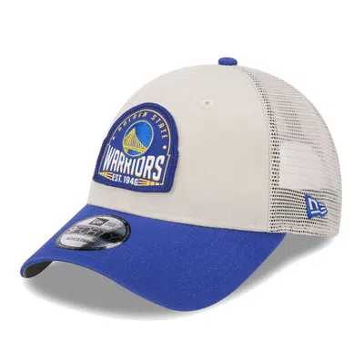 New Era Men's  Khaki, Royal Golden State Warriors Throwback Patch Trucker 9forty Adjustable Hat In Khaki,royal