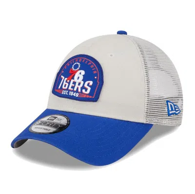 New Era Khaki/royal Philadelphia 76ers Throwback Patch Trucker 9forty Adjustable Hat