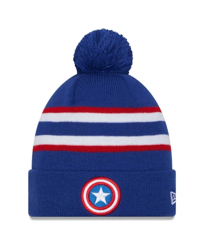 New Era Men's And Women's  Black Captain America Cuffed Knit Hat With Pom In Blue