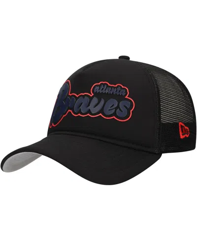 New Era Men's Black Atlanta Braves Retro Bold A-frame Trucker 9forty Adjustable Hat