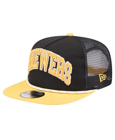 New Era Men's Black Milwaukee Brewers Throwback Meshback Golfer Hat In Black,gold