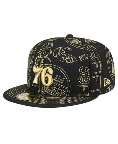 New Era Men's Black Philadelphia 76ers 59fifty Day Allover Print Stencil Fitted Hat
