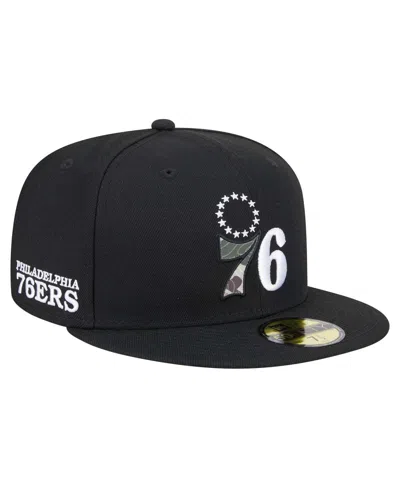 New Era Men's Black Philadelphia 76ers Camo Print Uv 59fifty Fitted Hat In Black,camo