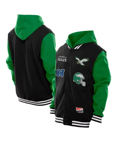 New Era Men's Black Philadelphia Eagles Full-snap Fleece Hoodie Jacket In Green