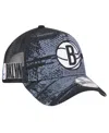 New Era Men's Black/charcoal Brooklyn Nets Tip Off A-frame Trucker 9forty Adjustable Hat In Black,charcoal