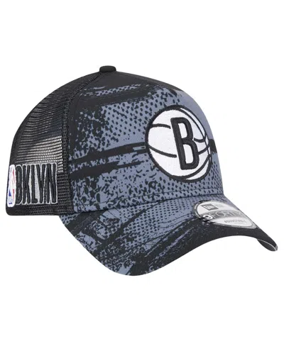 New Era Men's Black/charcoal Brooklyn Nets Tip Off A-frame Trucker 9forty Adjustable Hat In Black,charcoal