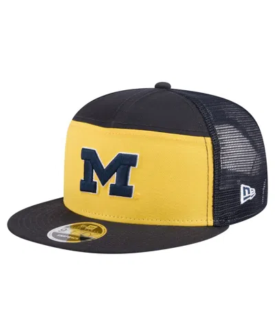 New Era Men's Black/maize Michigan Wolverines Outdoor Wide Panel 9fifty Snapback Trucker Hat In Yellow
