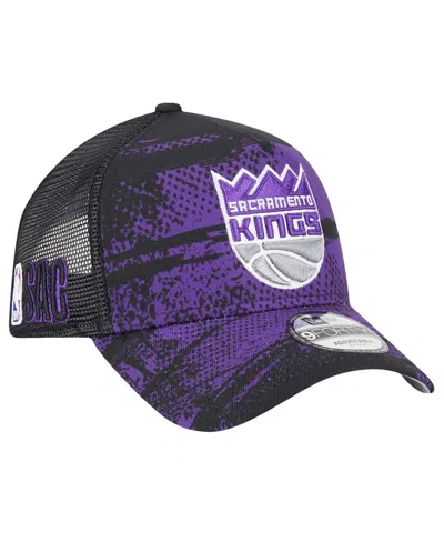 New Era Men's Black/purple Sacramento Kings Tip Off A-frame Trucker 9forty Adjustable Hat In Black,purple