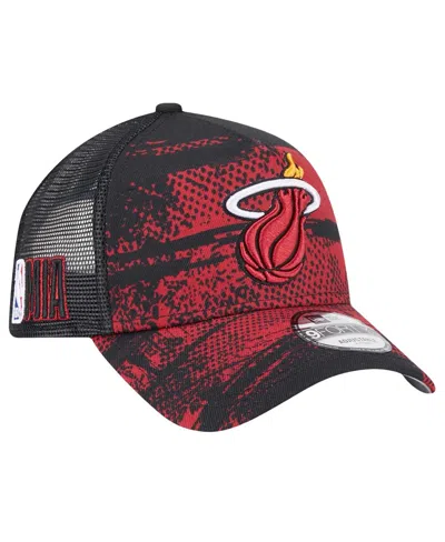 New Era Men's Black/red Miami Heat Tip Off A-frame Trucker 9forty Adjustable Hat In Black,red