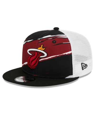 New Era Men's Black/white Miami Heat Tear Trucker 9fifty Adjustable Hat In Black,white
