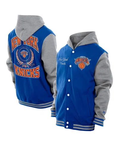 New Era Men's Blue New York Knicks Throwback Prep Chenille Full-snap Hooded Varsity Jacket