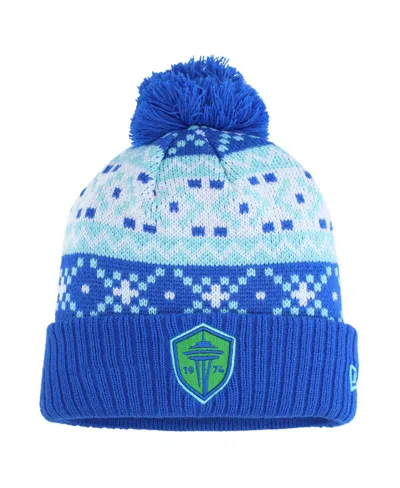 New Era Men's Blue Seattle Sounders Fc Nostalgia Cuffed Knit Hat With Pom