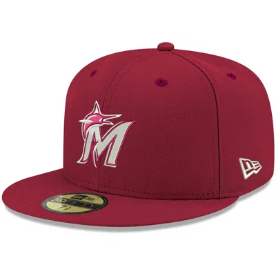 New Era Men's Cardinal Miami Marlins Logo White 59fifty Fitted Hat