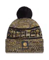 New Era Men's Gold Pittsburgh Steelers 2025 Sideline Cold Weather Cuffed Pom With Knit Hat In Black
